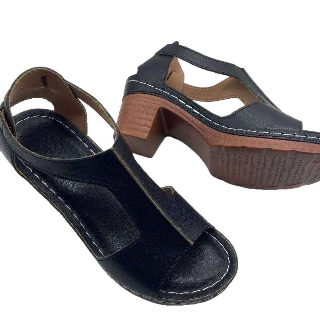 Women's beige peep toe wedge sandals with a buckle ankle strap and low rubber sole.