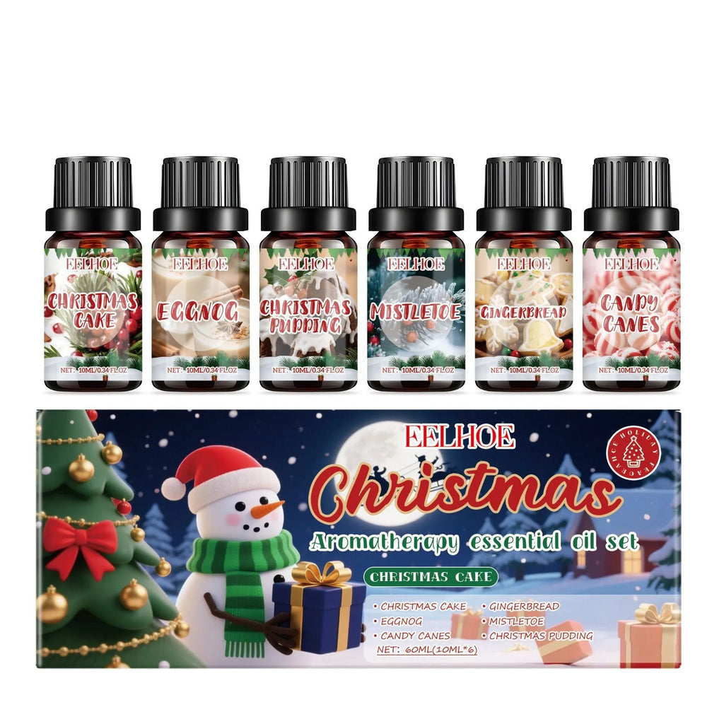 Christmas aromatherapy oil set showing six 10ml bottles including Warm Home fragrance