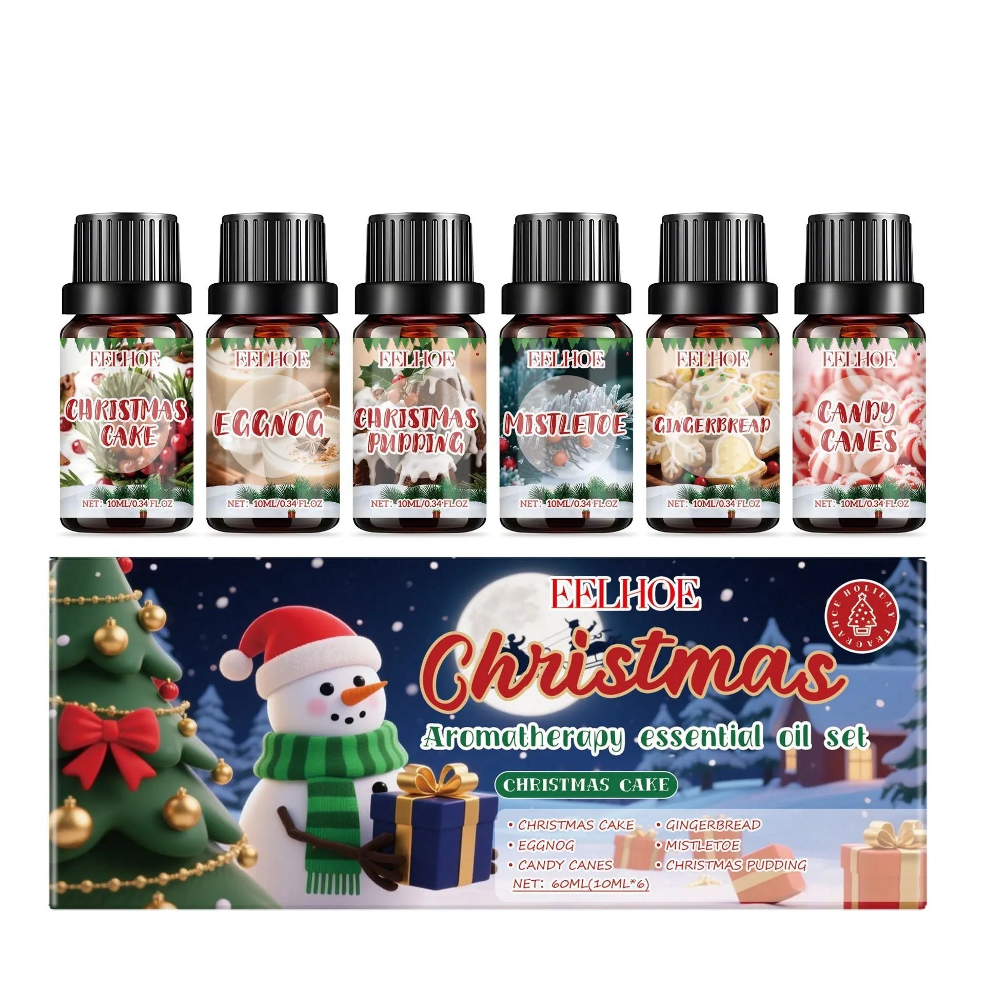 Christmas aromatherapy oil set showing six 10ml bottles including Warm Home fragrance