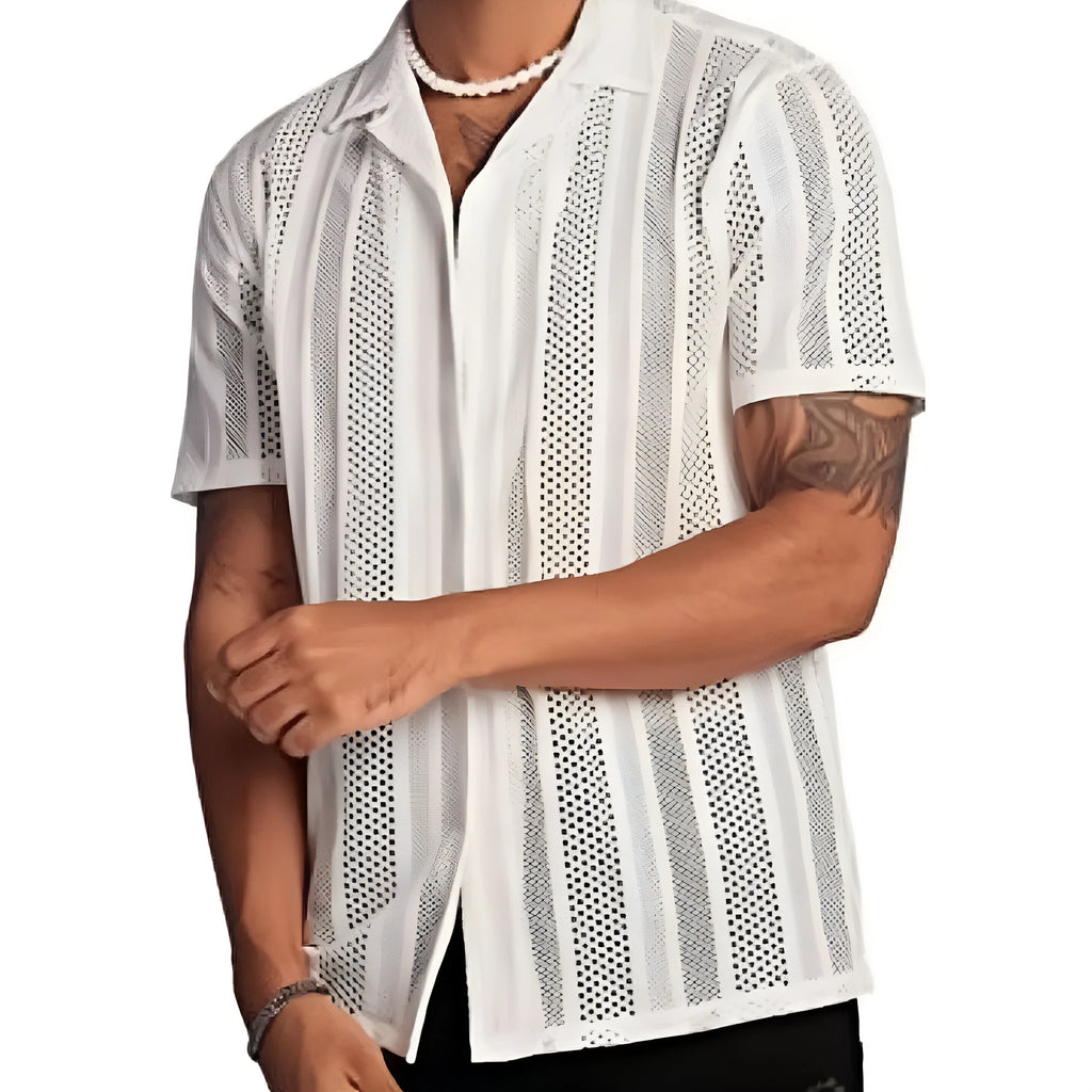 Men's black knitted short-sleeved cardigan shirt with jacquard pattern and button front.