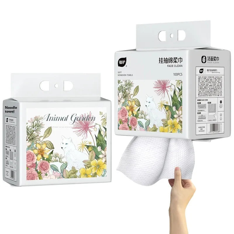 Disposable face cloth towel roll with removable hanging system, 100 sheets per pack