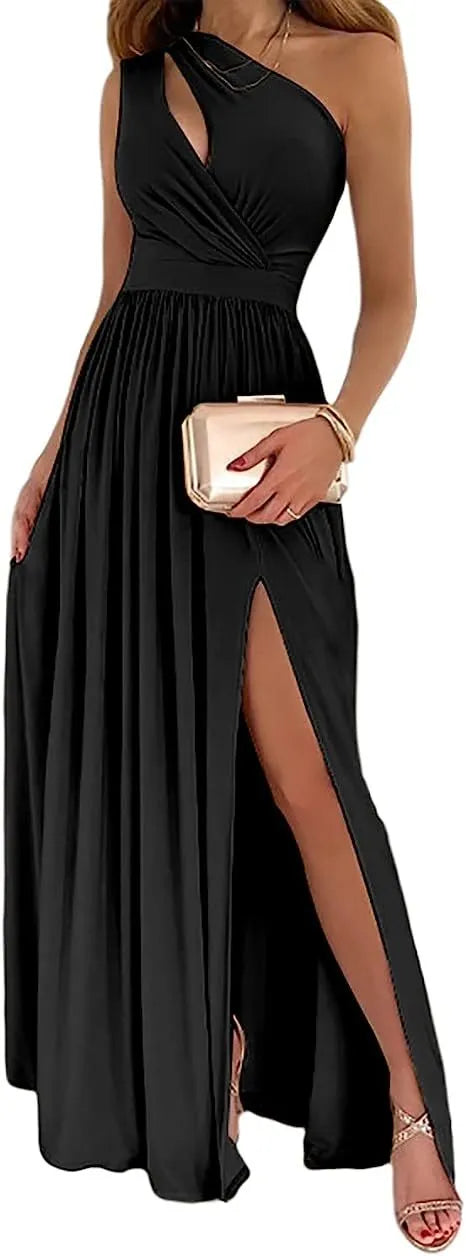 Apricot one shoulder maxi dress with high split and cutout detail on a mannequin