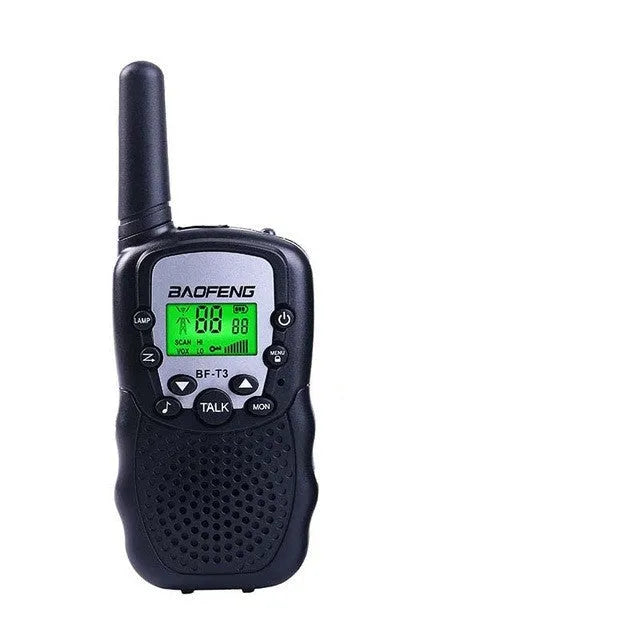 Children's walkie talkie set showing two handheld units in assorted colours with 22-channel display
