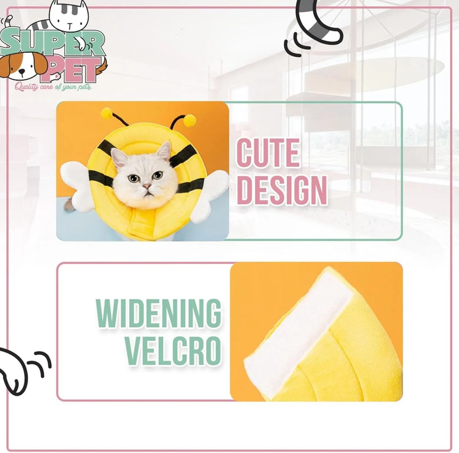 Soft cat cone collar with bee design showing Velcro closure and adjustable sizing