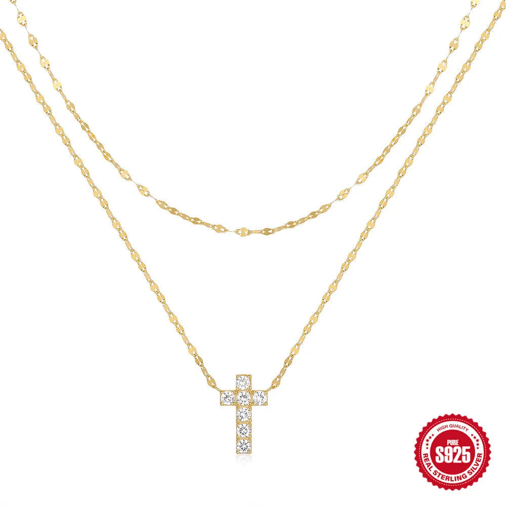S925 sterling silver double layer twin diamond cross pendant necklace with geometric design on clavicle chain