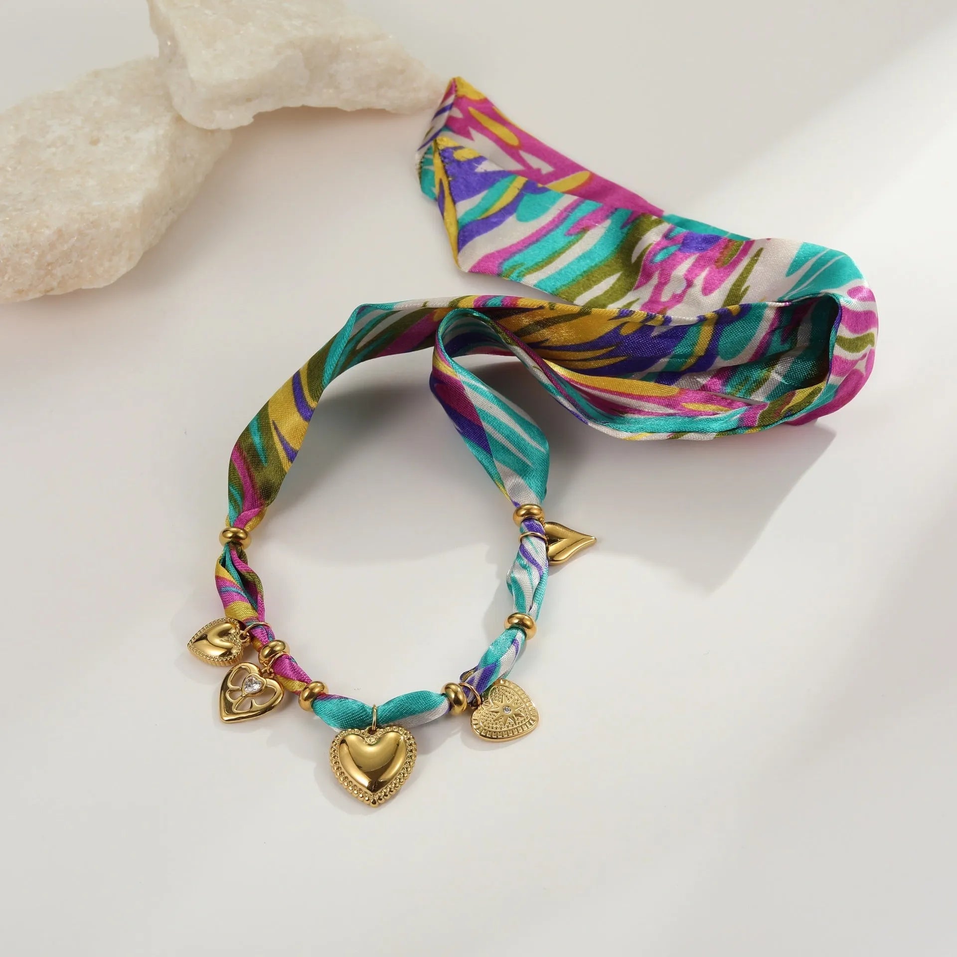 Stainless steel geometric pendant necklace and bracelet set with 18K plating on adjustable chain