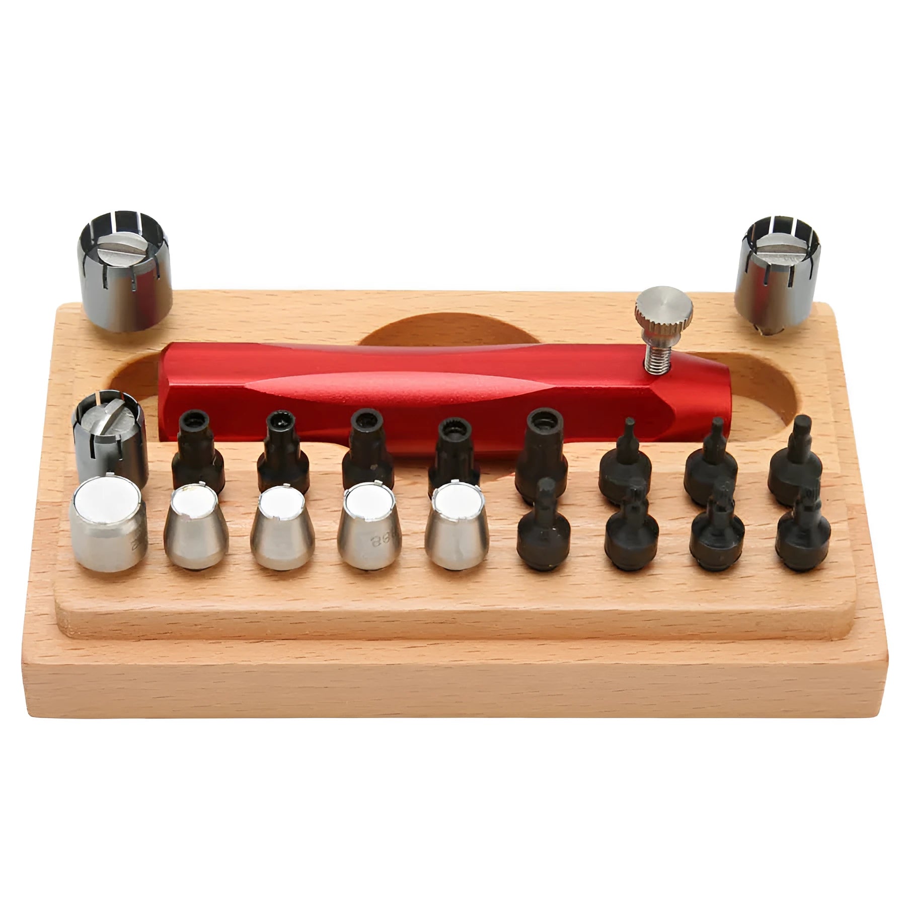 20-piece steel watch repair tool set with barrel opening tools in storage case