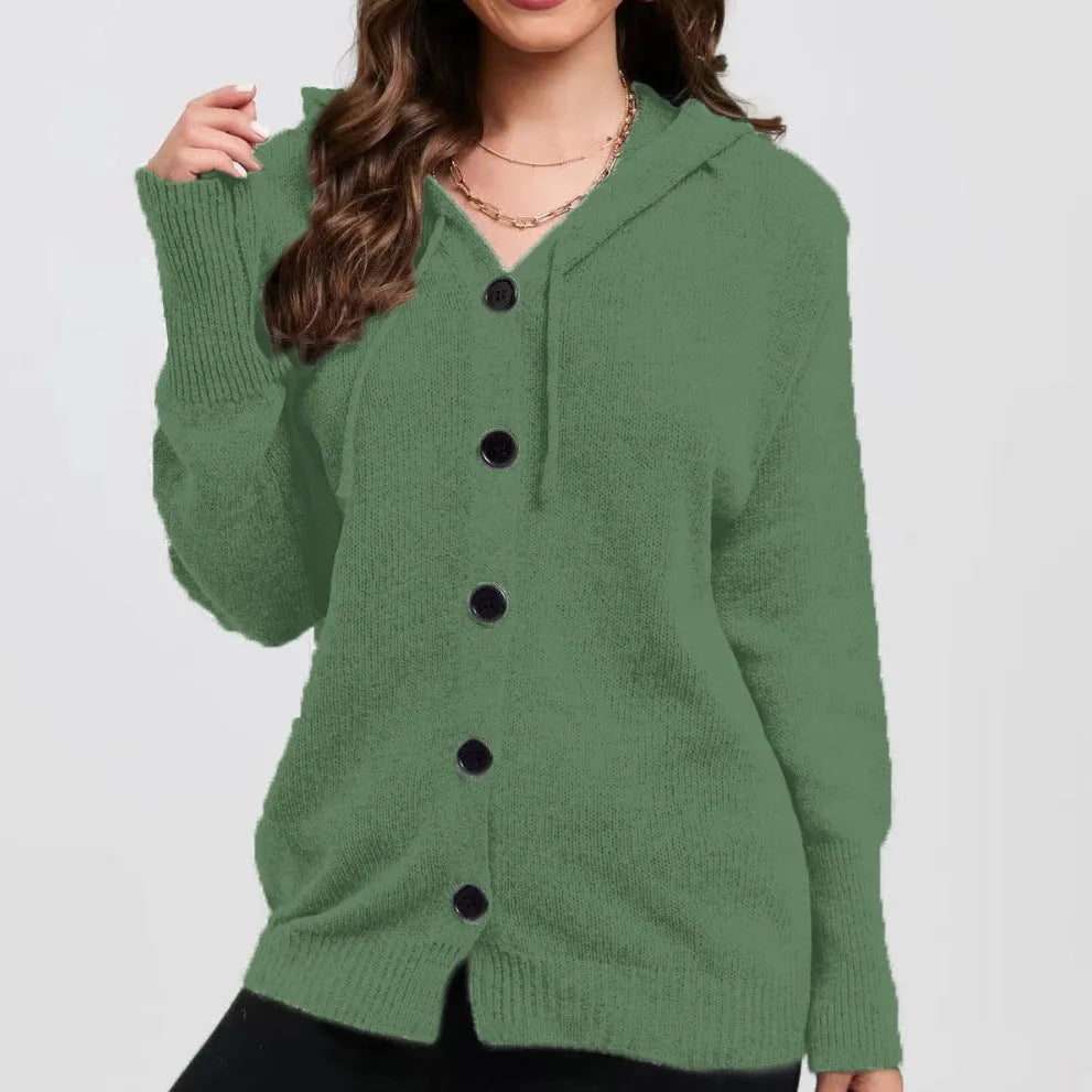 Women's thick cotton hooded cardigan sweater in loose fit, shown in army green colour with 3D texture.