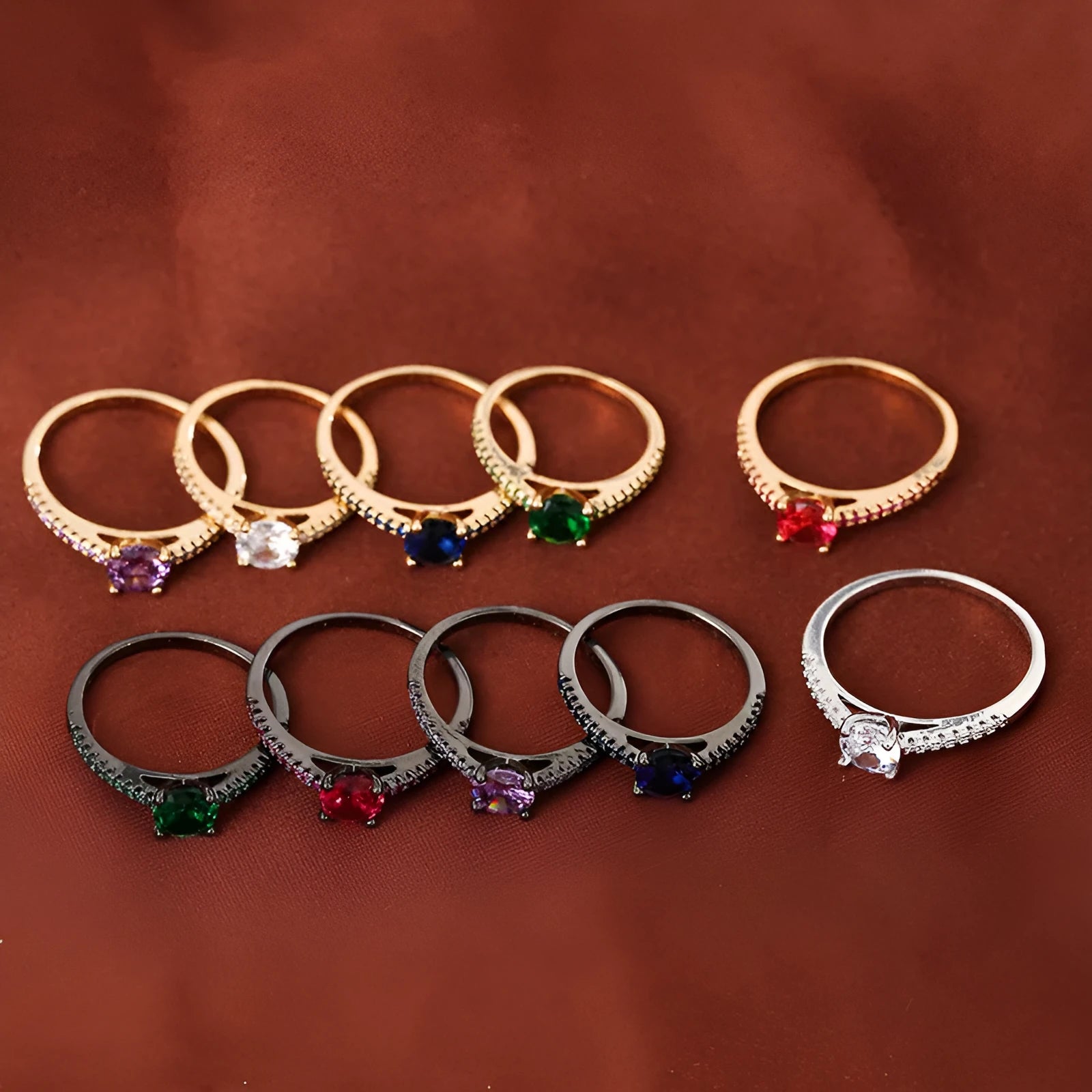 Geometric hexagon copper ring with colourful zircon stone in gun black finish.