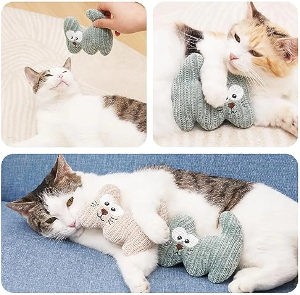 Cyan knitted plush cat toy with rope and bell, shown next to a light coffee colour option.