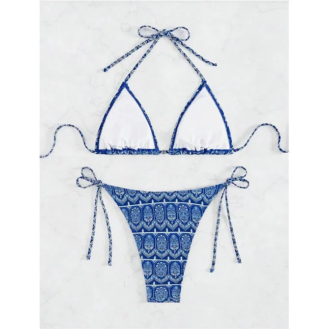 Women's bandage stitch bikini swimsuit in polyester fabric with detailed construction