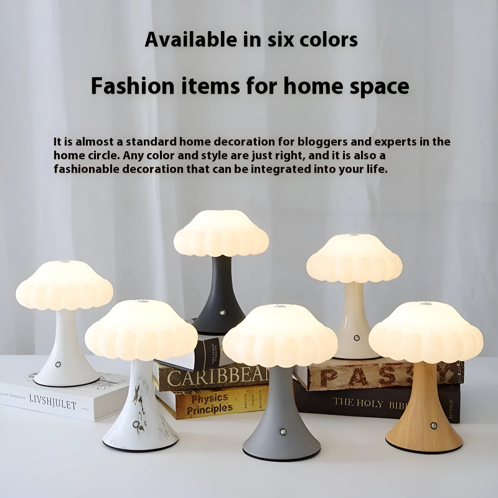 Mushroom-shaped touch control night lamp with USB charging port in wood grain colour