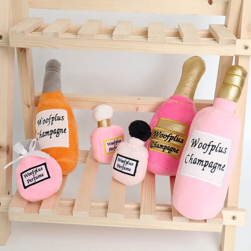 Soft plush wine bottle pet toy for cats and dogs in multiple colours.