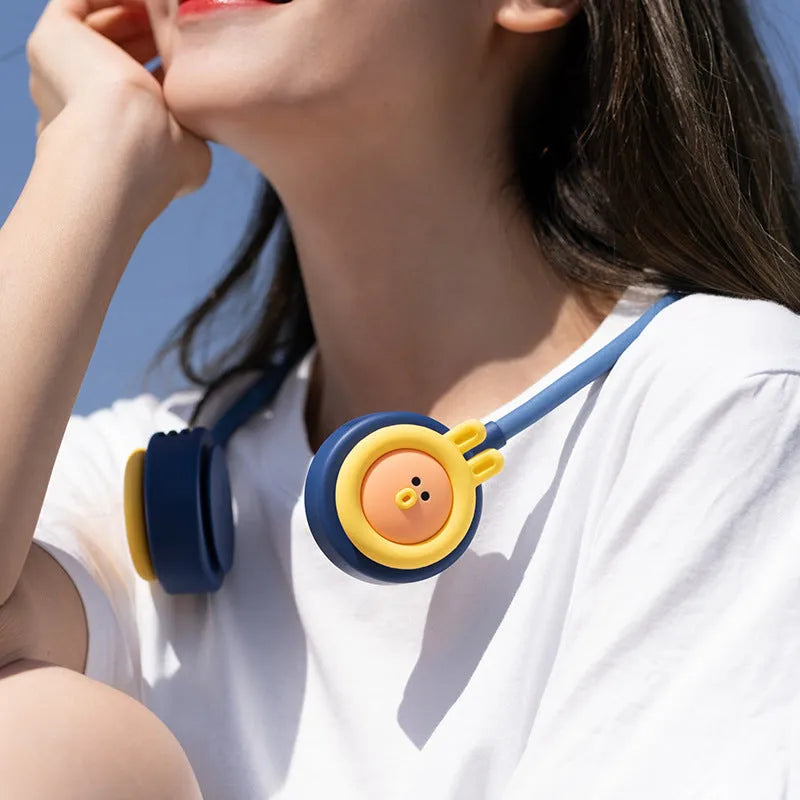 Pink leafless hanging neck fan showing wearable design and mechanical speed controls.