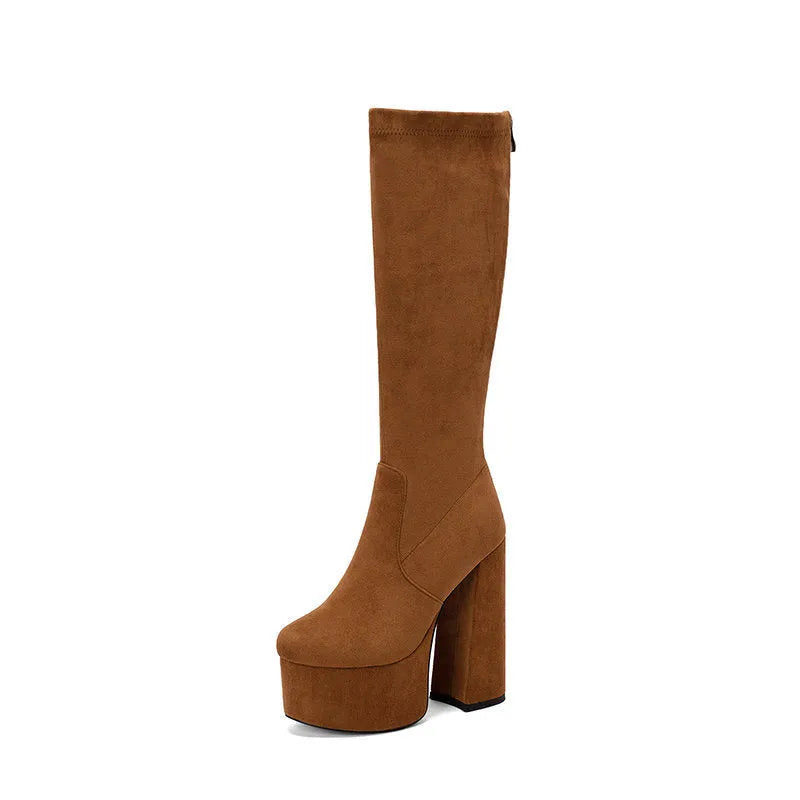 Women's elastic wool chunky heel boots in black suede, super high heel over 8cm, sizes 35-43