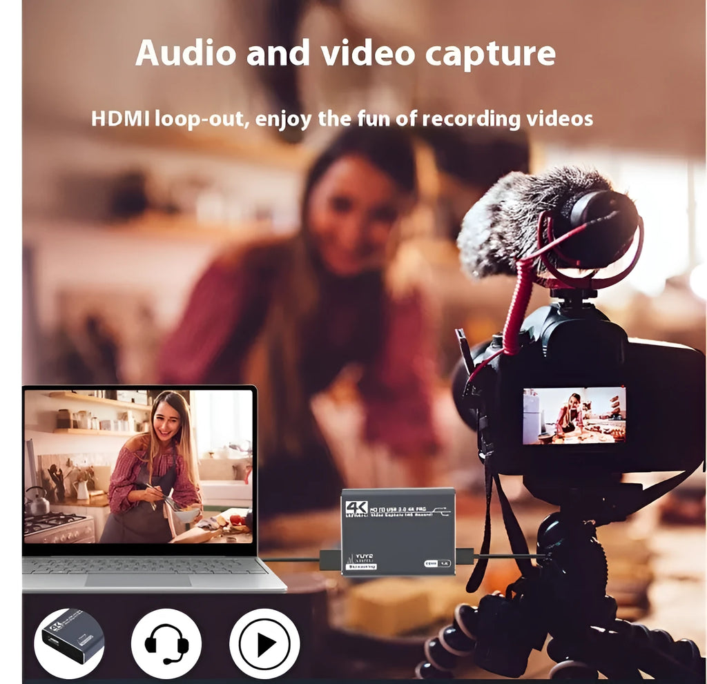 Black gaming set-top box with 4K upscaling and audio recording functionality