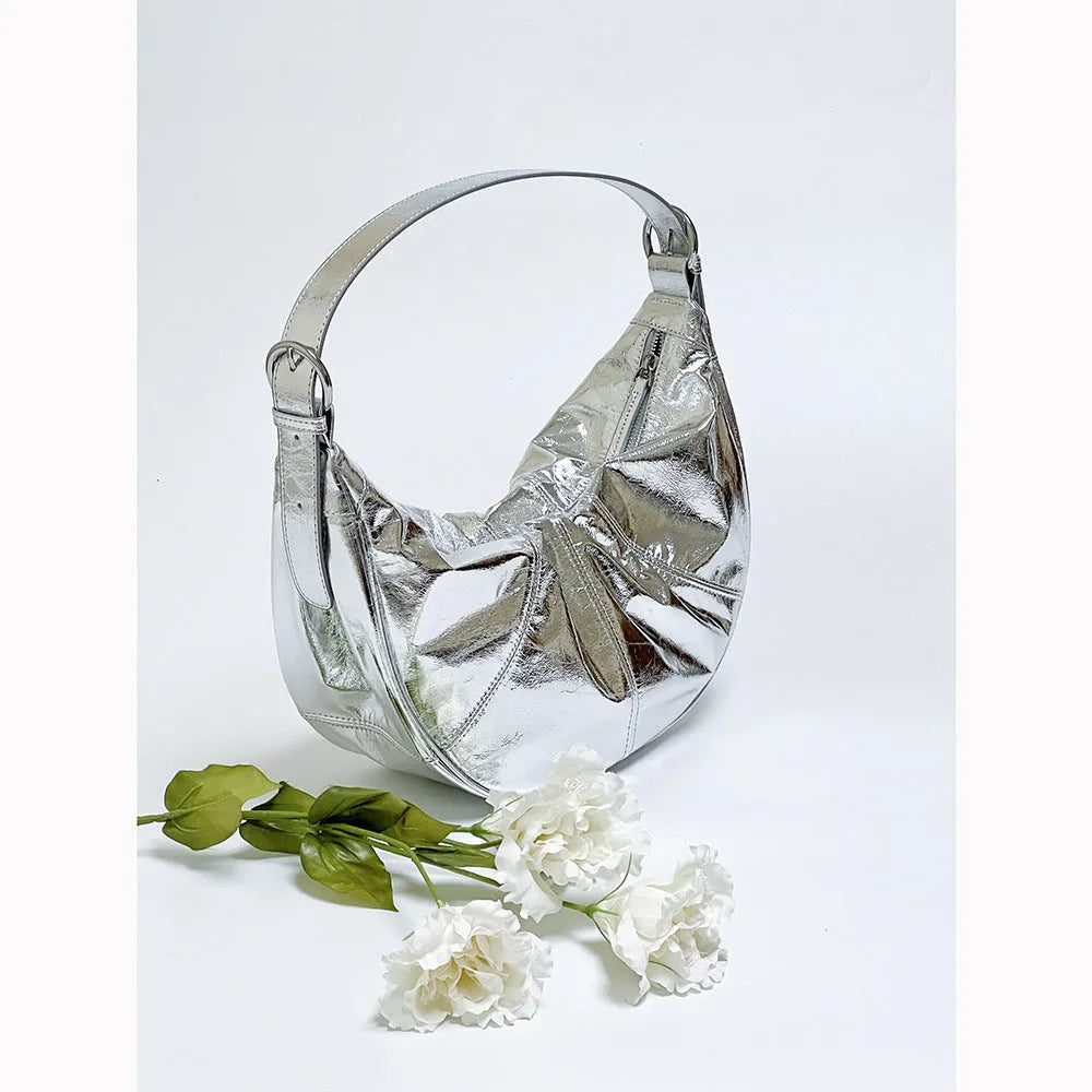 Women's first layer cowhide leather dumpling shape shoulder bag in black, pink, silver or white colours