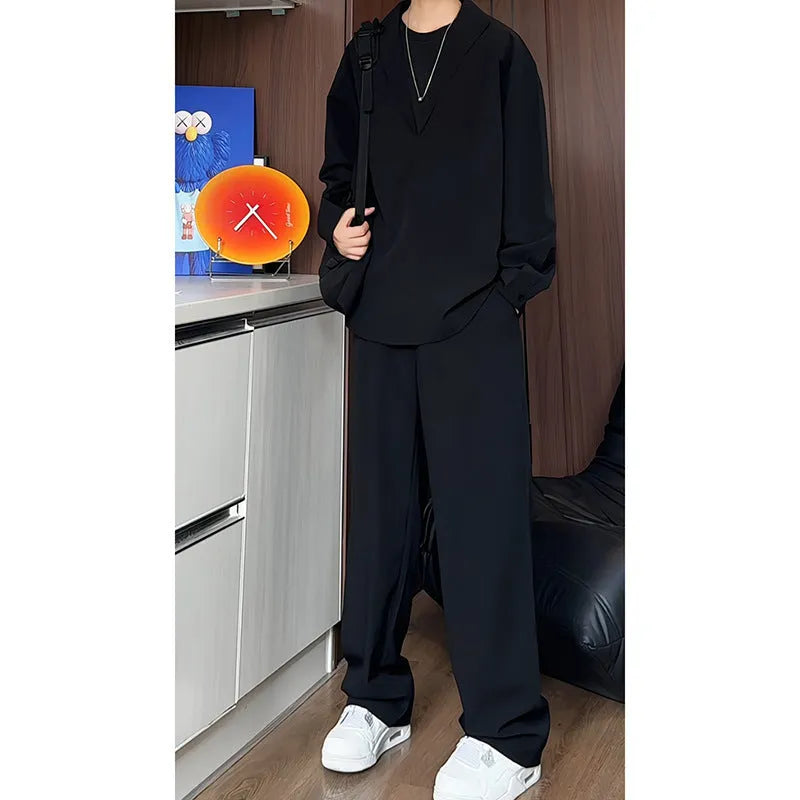 Men's casual hemp two-piece suit set with long sleeve polo shirt and matching trousers in slim fit