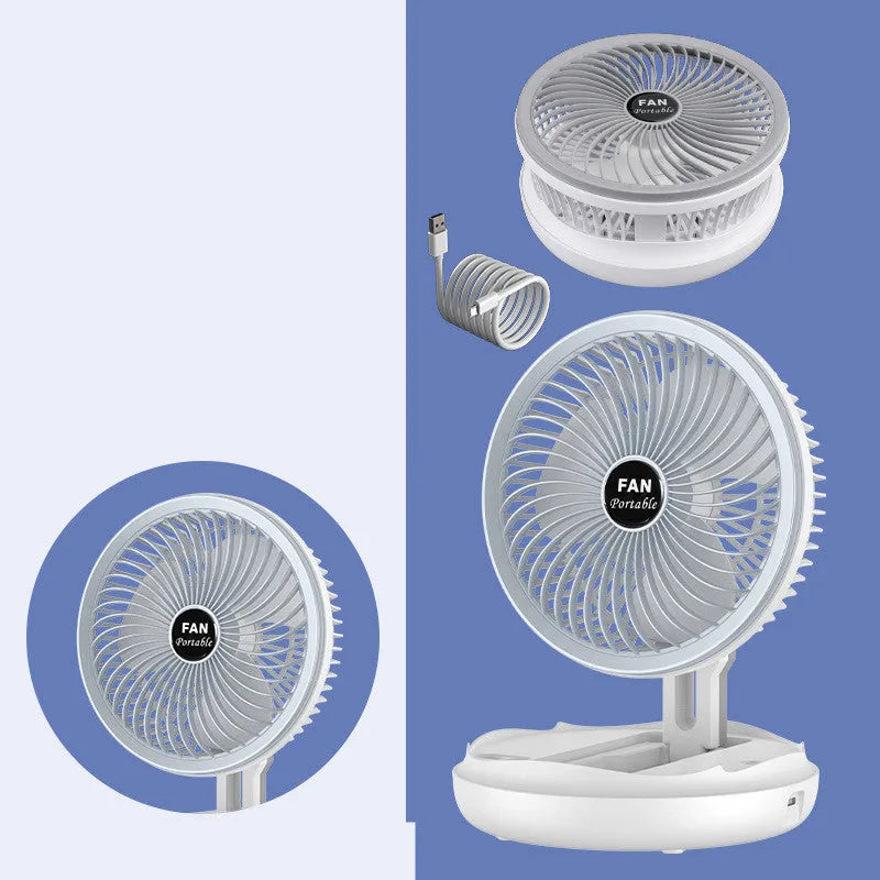 Blue or grey USB charging foldable table fan with LED light in desk, wall, ceiling or hanging configuration