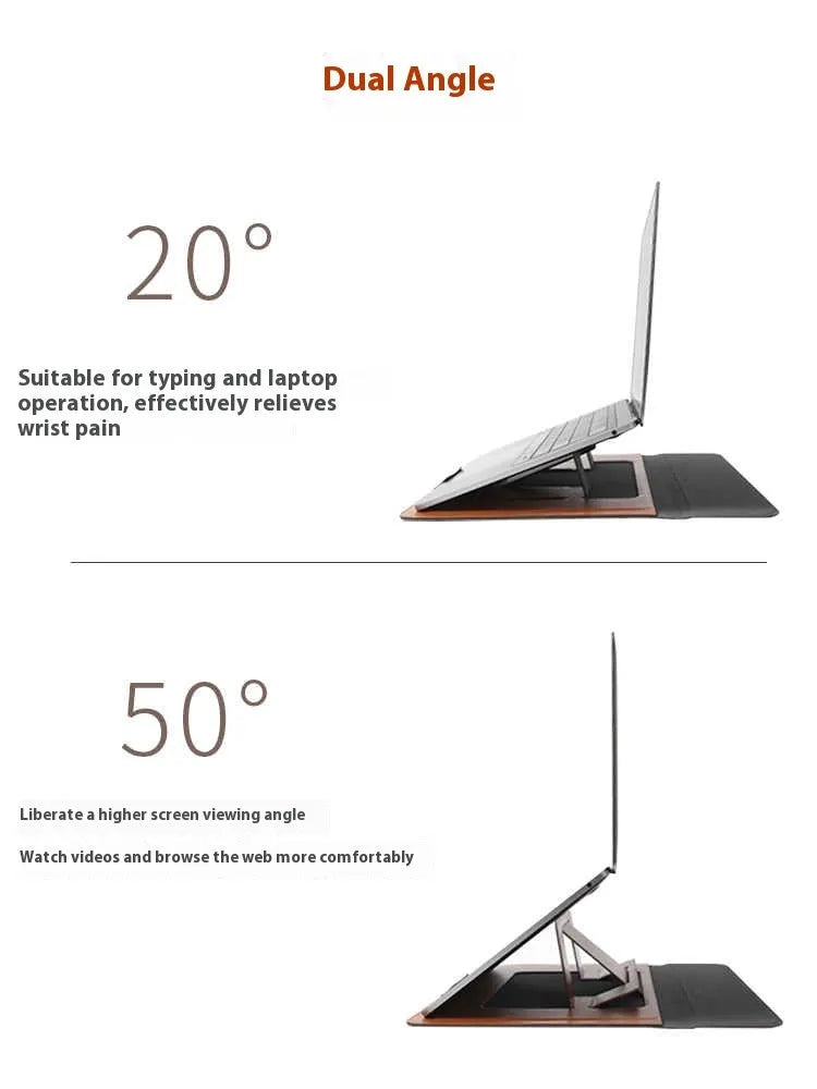 Brown and black 13.3-inch laptop bracket bag with integrated dual-angle stand.