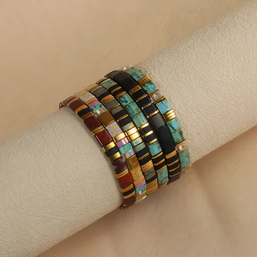 Geometric glass and coloured glaze beaded bracelet in five colour options