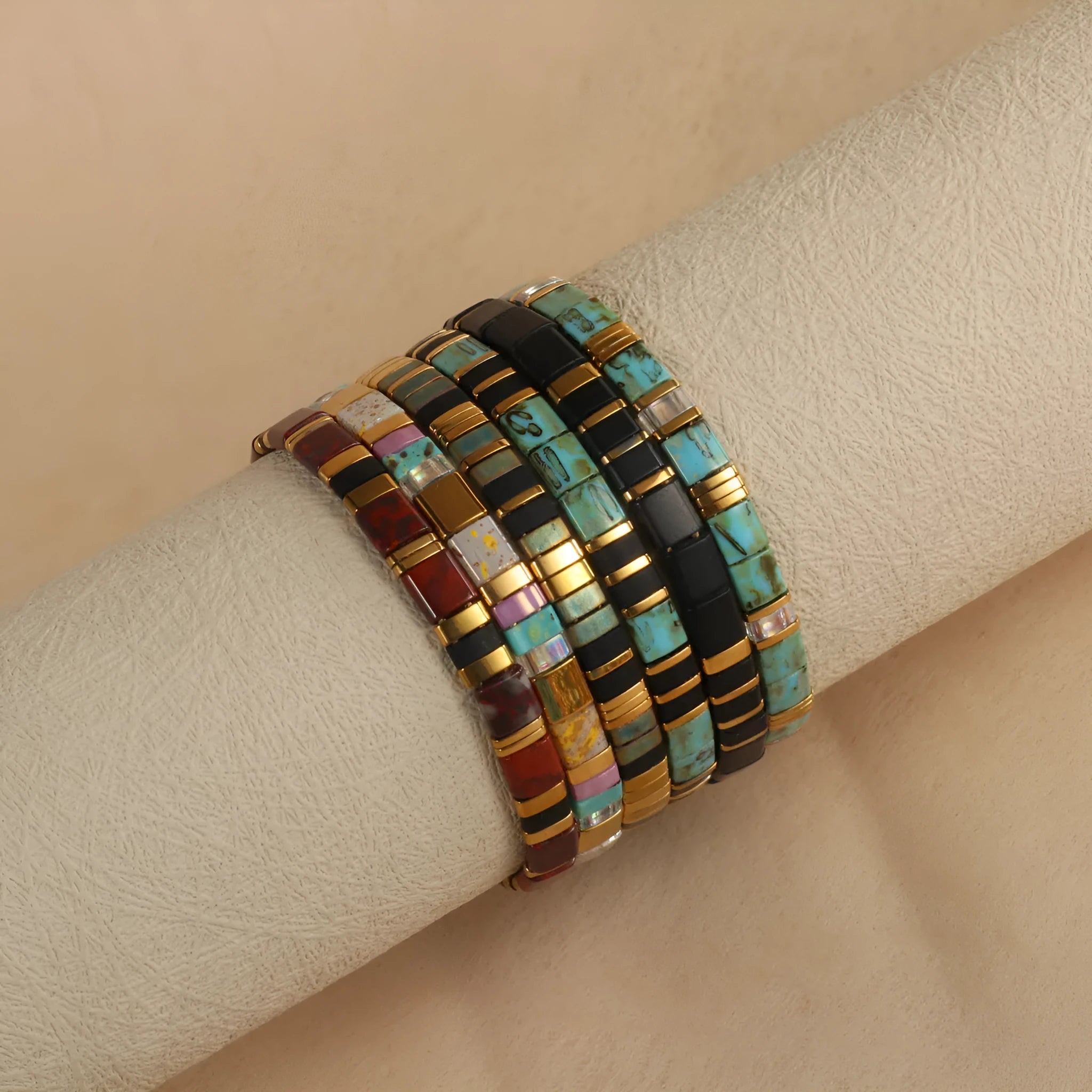 Geometric glass and coloured glaze beaded bracelet in five colour options