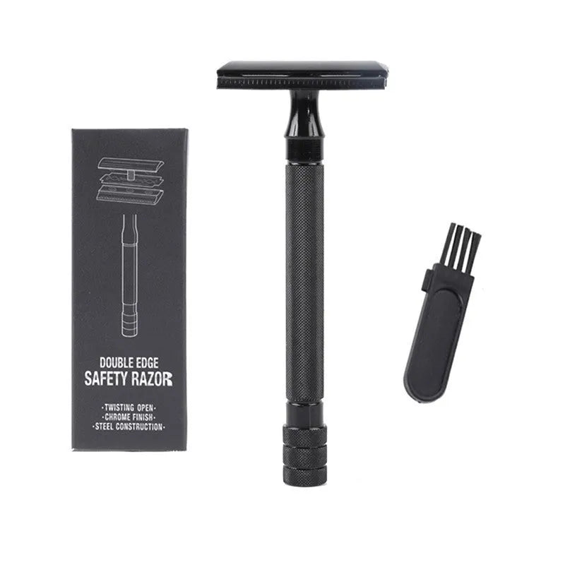 Traditional manual pogonotomy metal shaver and brush set for old-fashioned wet shaving