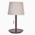Walnut colour solid wood desk lamp with a white cloth shade and black cable switch.