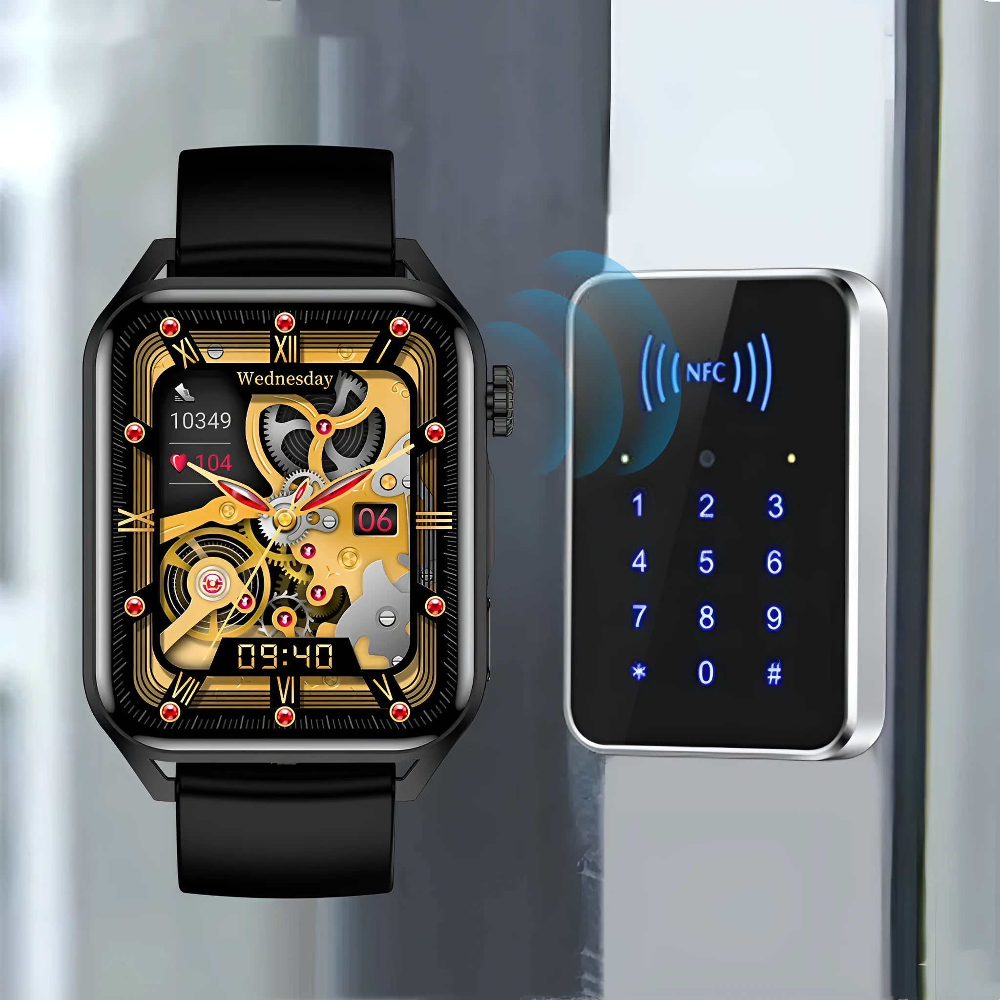 Smart watch with 1.8 inch AMOLED screen, NFC capability, and silicone wrist strap