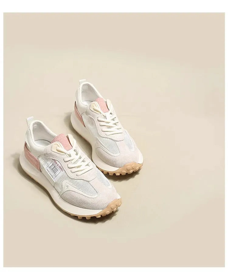 Women's casual retro sneaker in grey or pink with low-top design and round toe