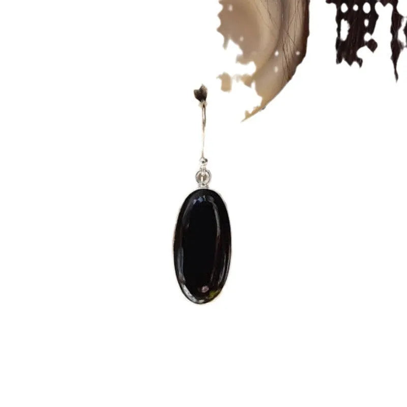 Black electroplated 925 silver women's earrings with oval agate pendant in geometric Chinese style