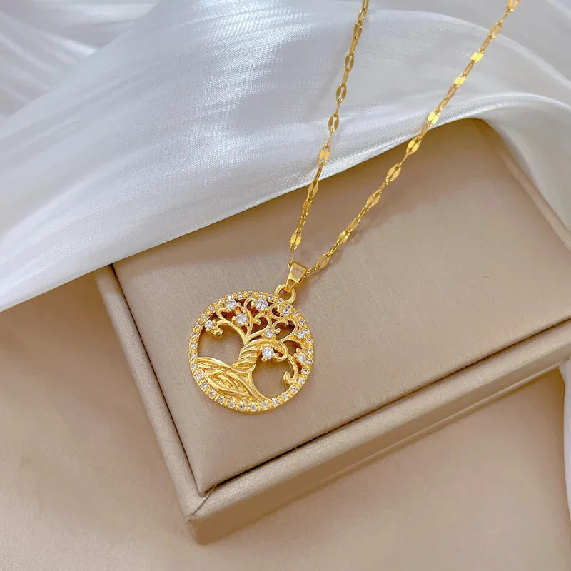 Gold-plated adjustable necklace with micro-inlaid rhinestone zircon lucky tree tree pendant