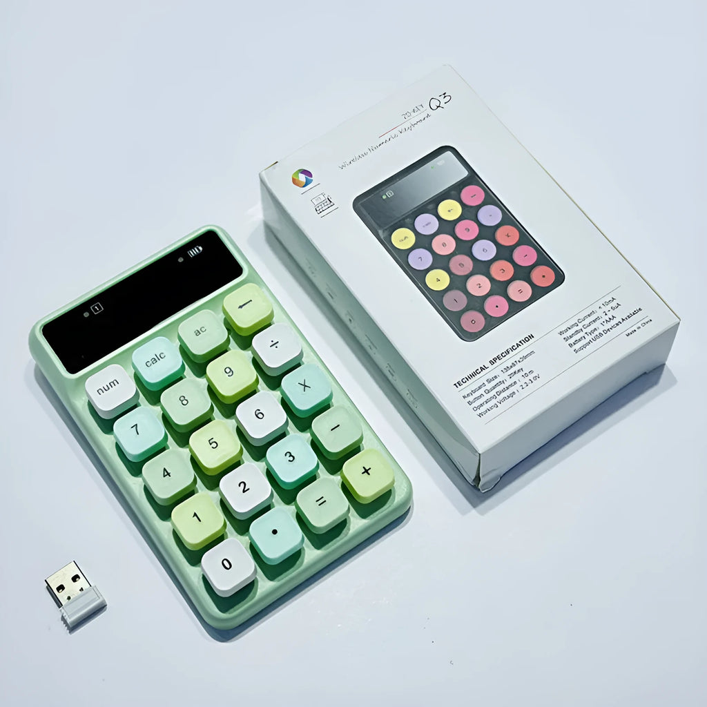 Q3 wireless digital keyboard in a macaron colour option on a desk.