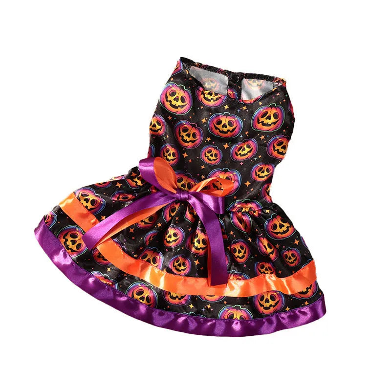 Double-layer Halloween dog skirt with colourful pumpkin print in size M on mannequin