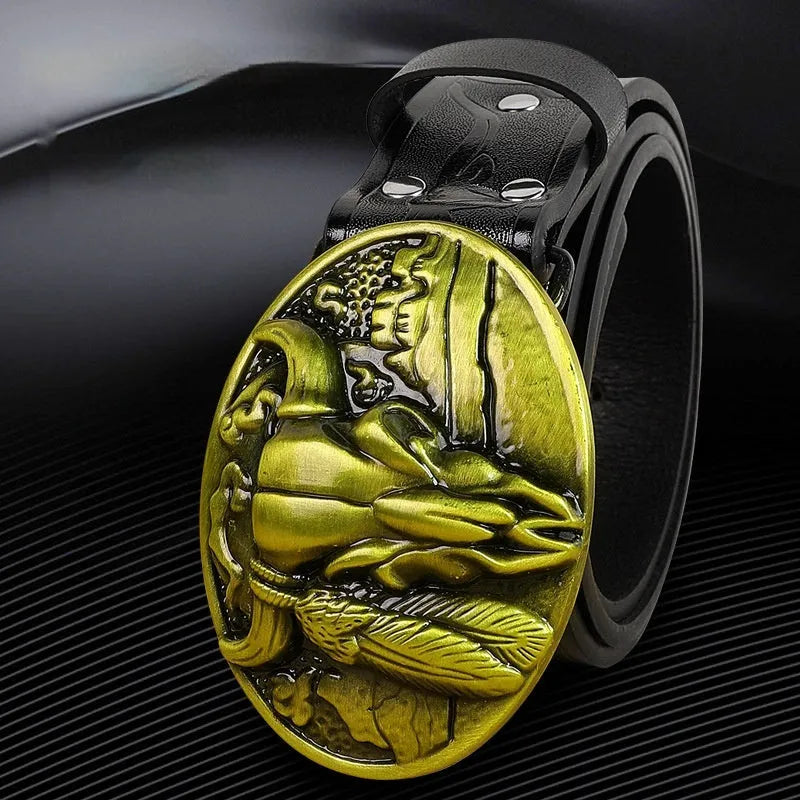 Men's leather belt with detailed cow head buckle in black or brown colour options