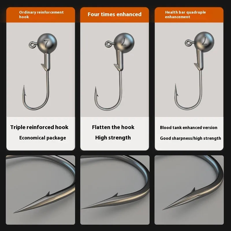 Pack of 50 lead-headed steel jig hooks in primary colours, size 7G, for soft plastic bait fishing.