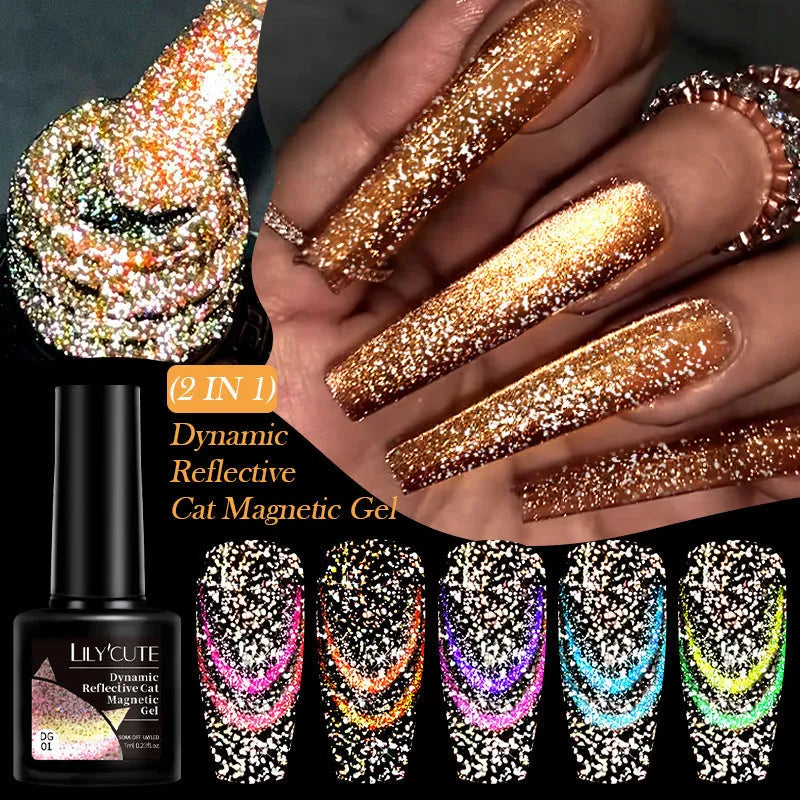 Six bottles of Diamond in the Debris cat eye UV gel nail polish showing glitter and magnetic finishes.