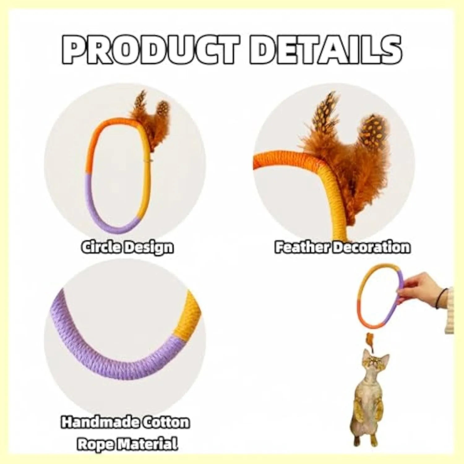 Circular green cotton rope cat toy with feathers and catnip for indoor cats