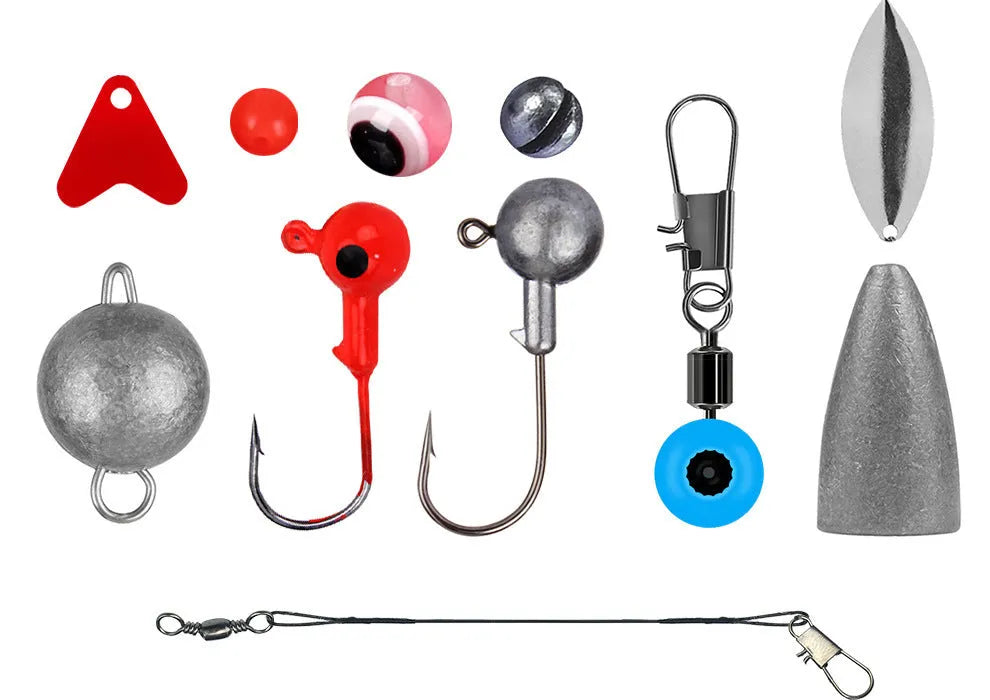 Orange ABS plastic box containing 257 pieces of fishing lure hooks and accessories.