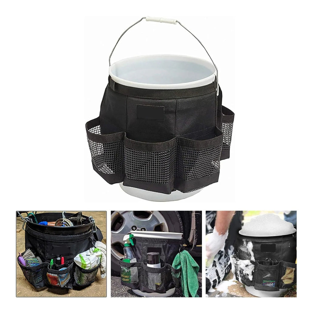 Black cylindrical polyester buggy bag hanging from a 5 gallon barrel for tool storage.