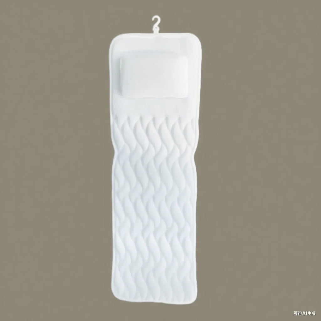 White 3D mesh bathtub pillow with multiple suction cups, shown on a bathtub.
