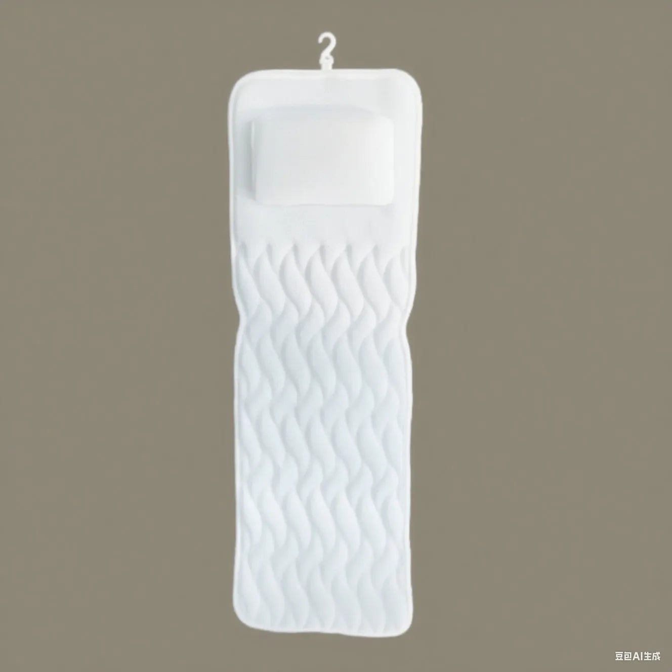 White 3D mesh bathtub pillow with multiple suction cups, shown on a bathtub.