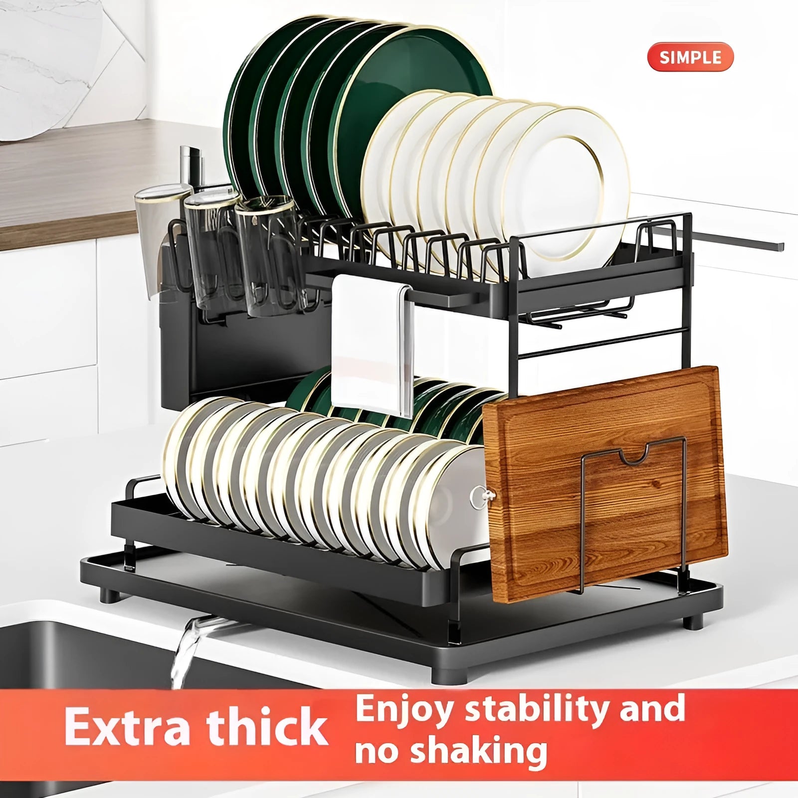 White double-layer kitchen storage rack with removable draining feature on countertop