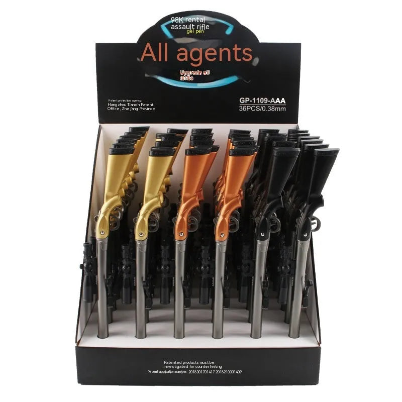 Plastic gel pen shaped like a Marvel 98K sniper rifle, 140mm long with 0.5mm black ink.