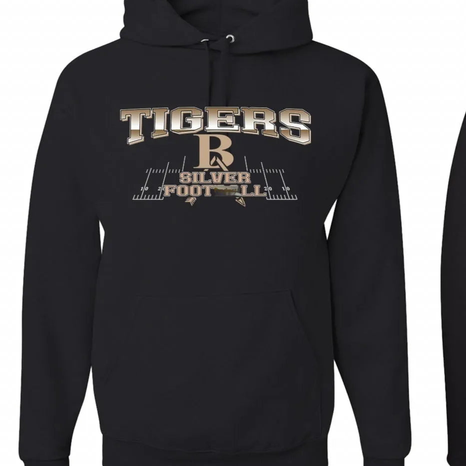Black simple pullover hoodie with drop-shoulder sleeves and no collar on a grey background.