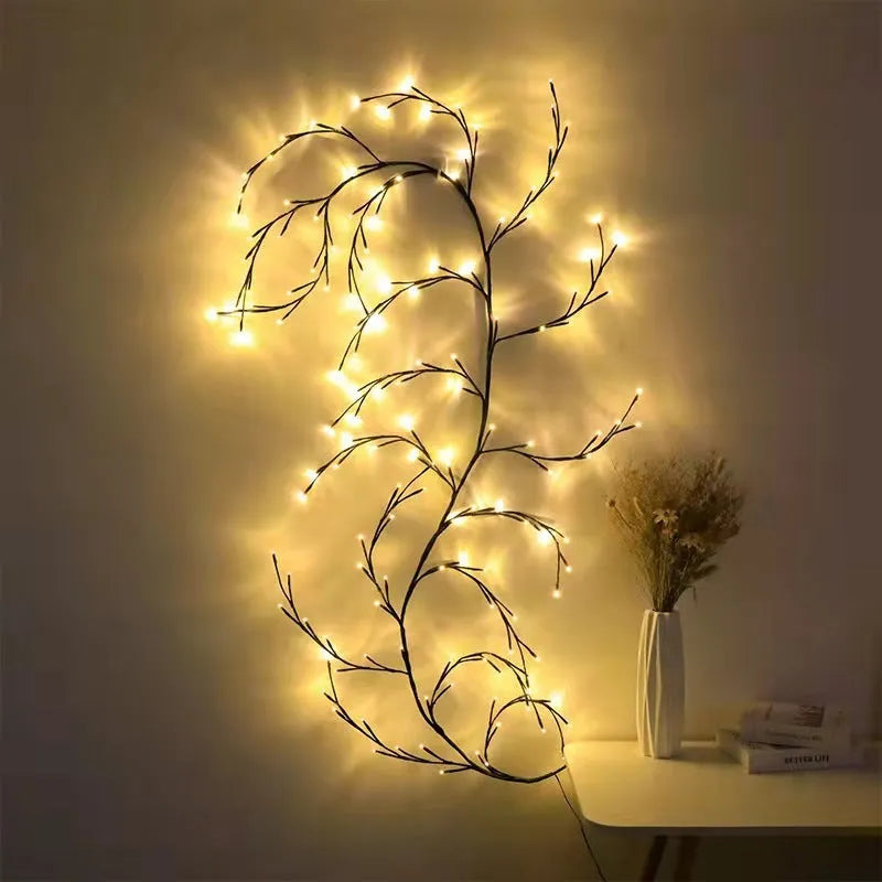 Flexible LED vine Christmas garland with birch bark texture and warm white lights for wall decor