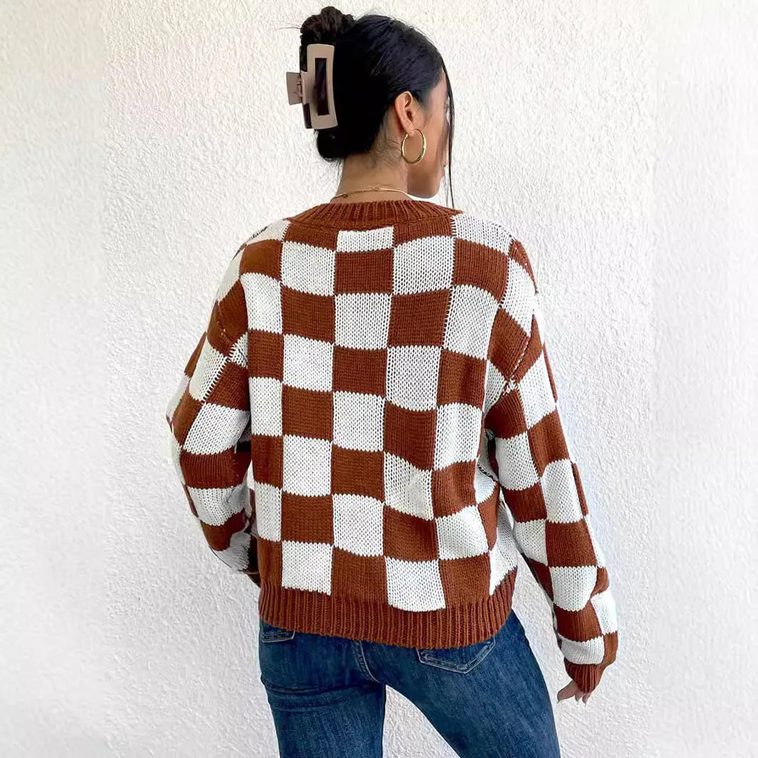 Dark brown plaid pattern loose fit acrylic pullover sweater with round neck and long sleeves