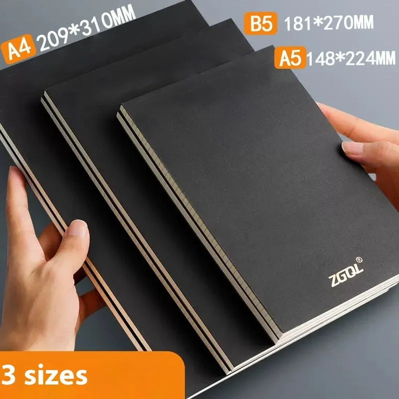 A5, B5, and A4 writing pads with paper covers, showing horizontal line, grid, and blank page ruling styles.