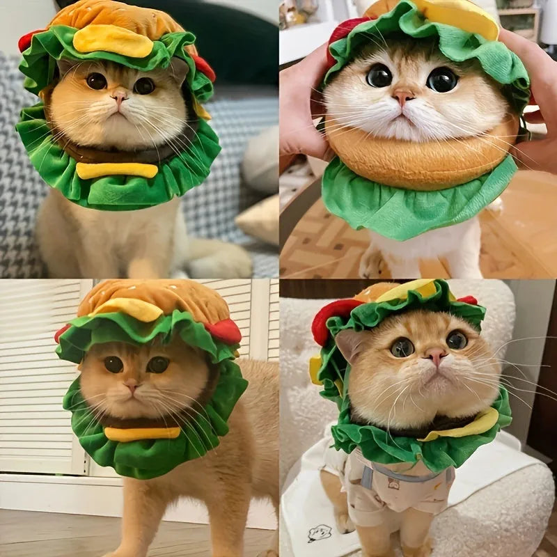 Cat wearing a soft faux leather burger headdress collar with an adjustable strap.