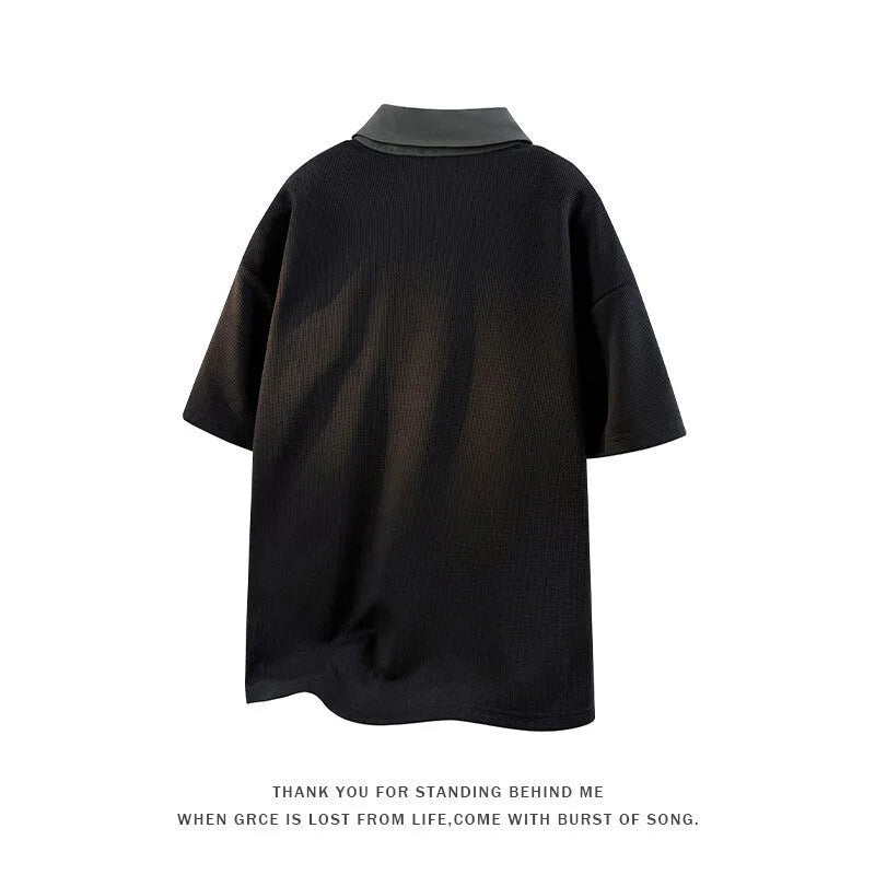 Men's black padded Henry collar polo shirt sweater with short sleeves in spandex fabric